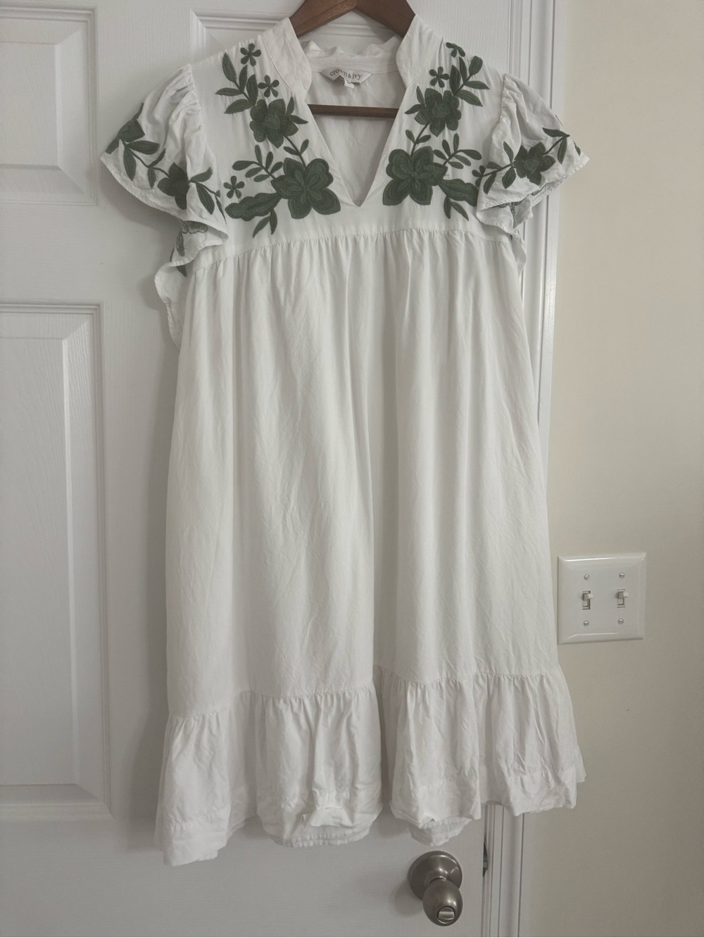 Women’s White Dress with Green Floral Embroidery